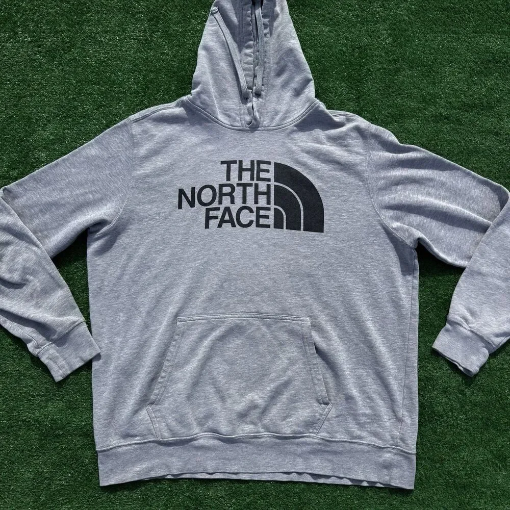 The North Face Hoodie Mens XL Gray Logo Pullover Sweatshirt Distressed Worn